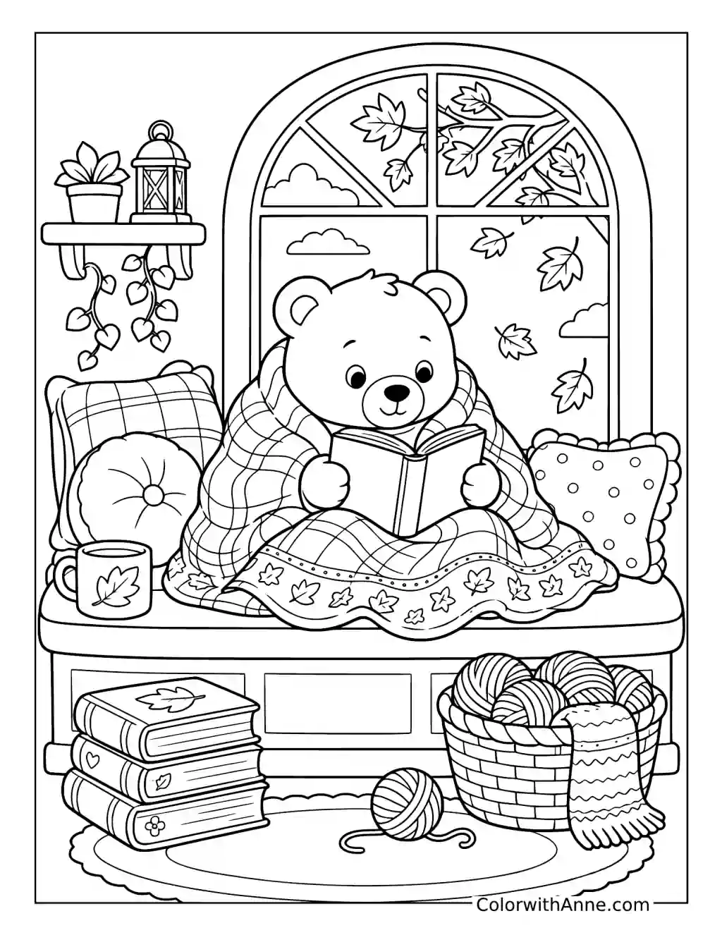 Teddy Bear Reading by an Arched Window coloring page
