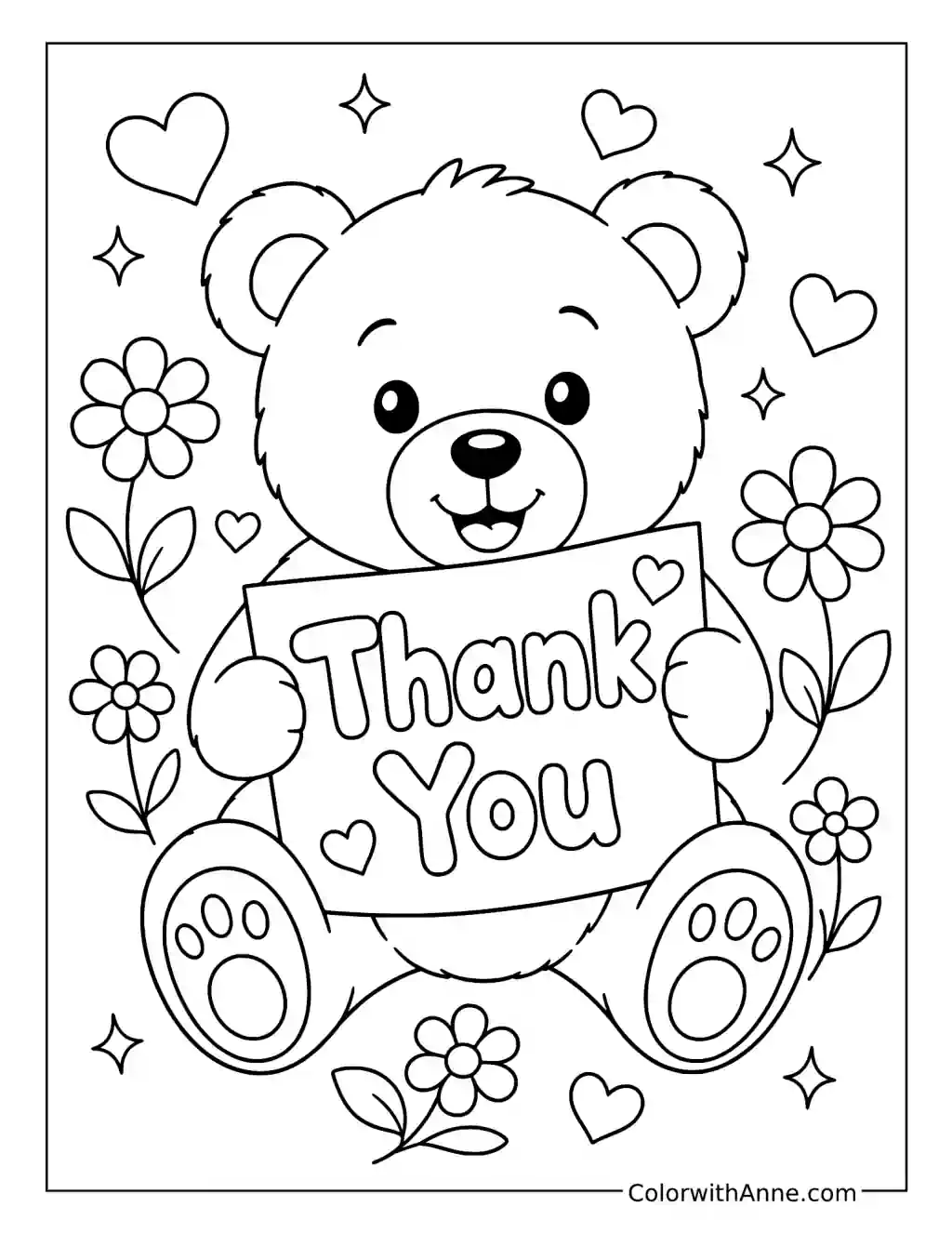 Teddy Bear Thank You Flower Garden coloring page