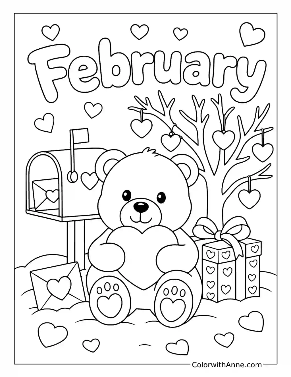 Teddy Bear with Valentine Gifts coloring page