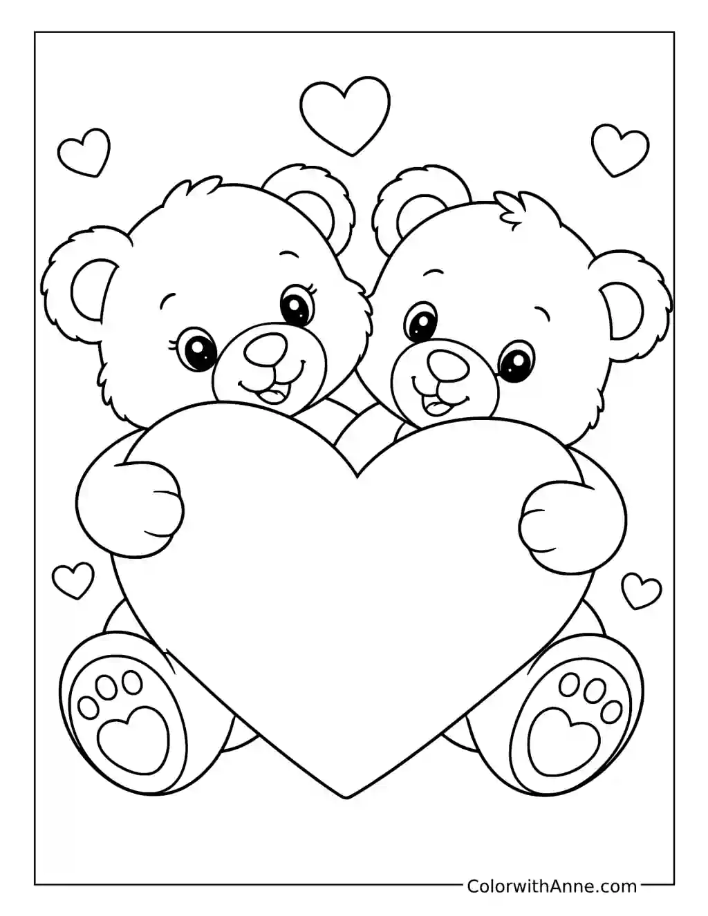 Teddy Bears Hugging a Giant Heart coloring page