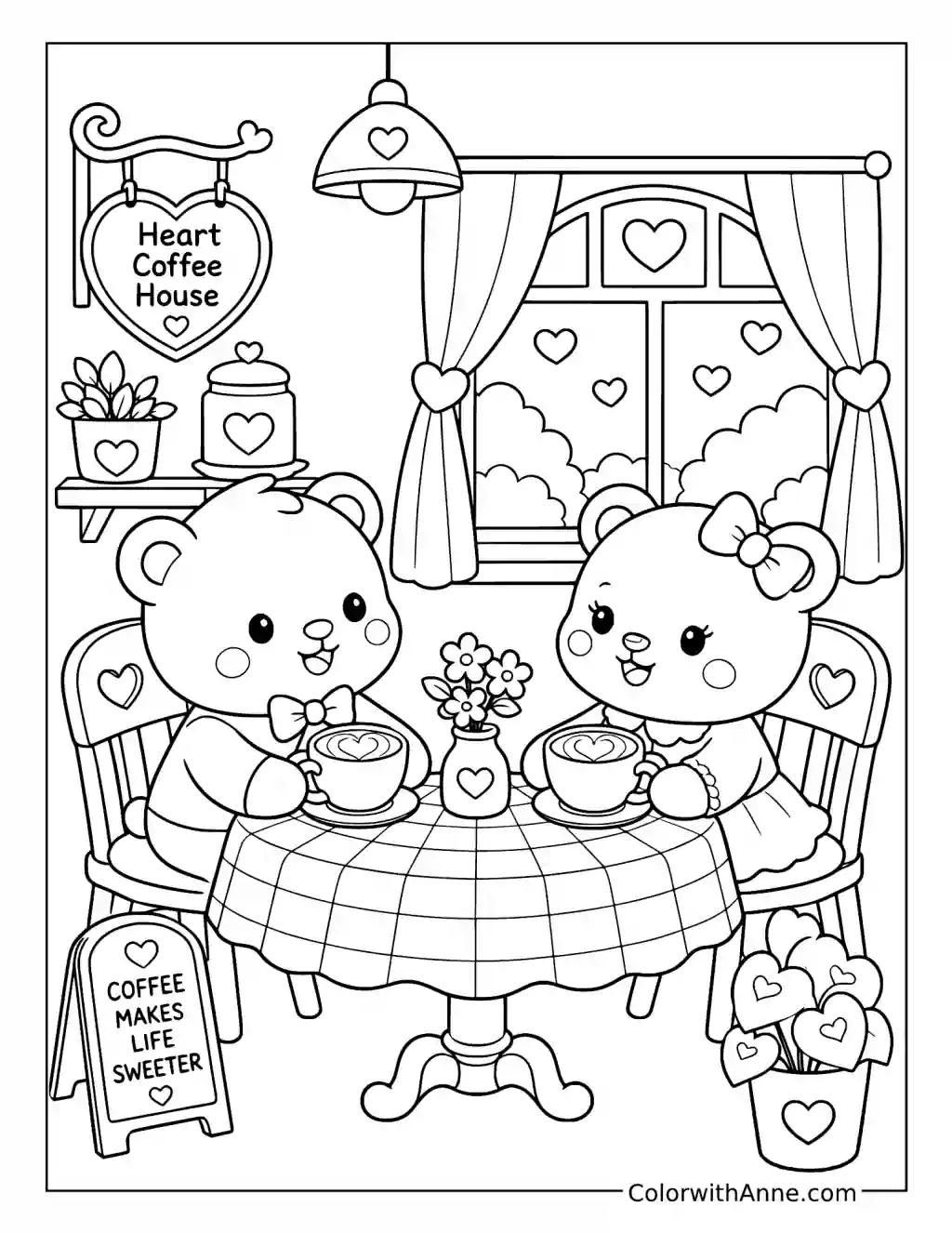 Teddy Bears Sharing Coffee at the Heart Coffee House coloring page