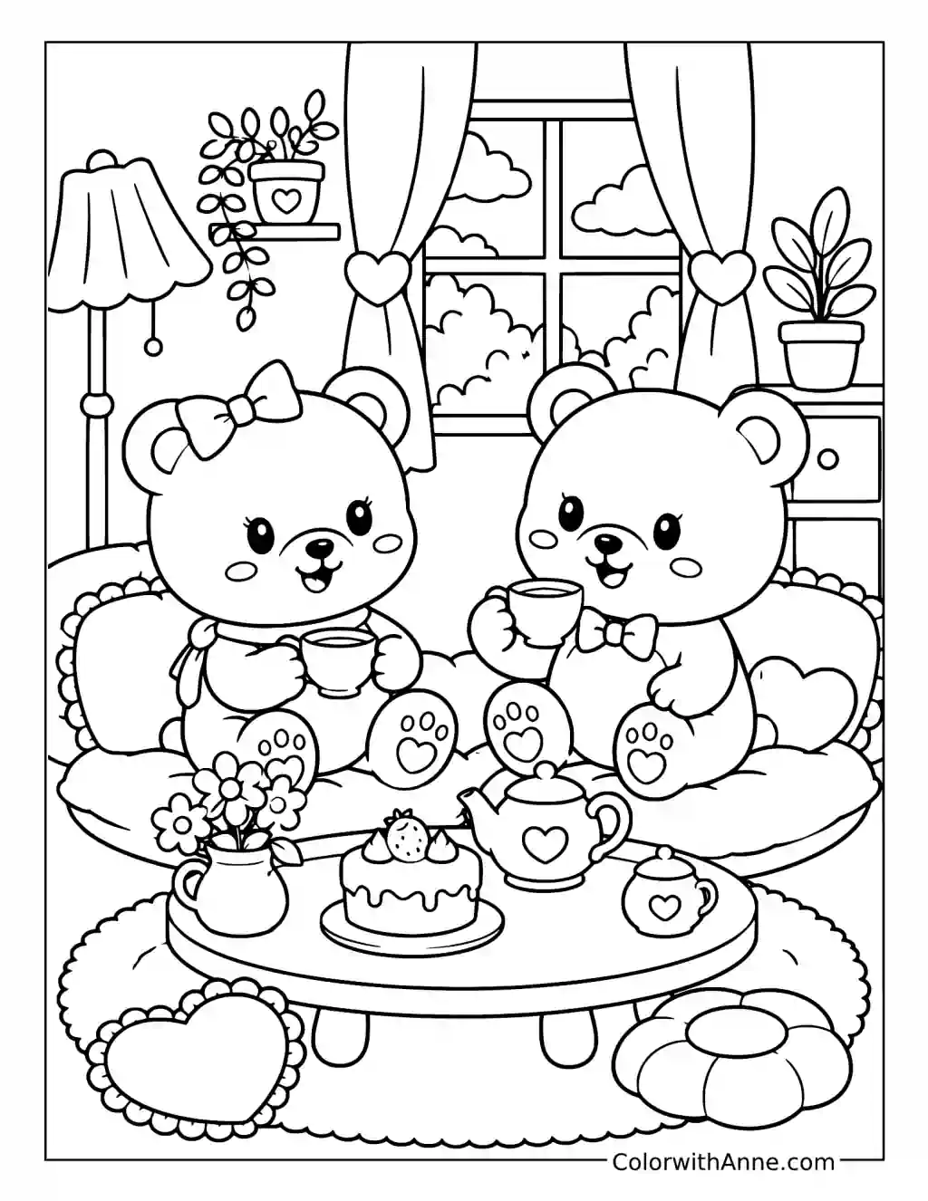 Teddy Bears Sharing Tea and Cake coloring page