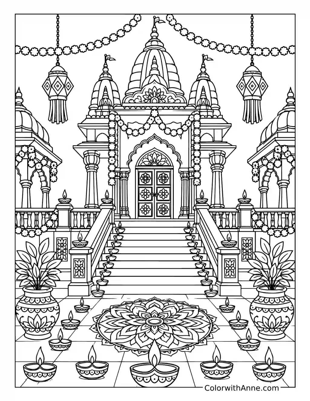 Temple Courtyard with Diwali Diyas coloring page