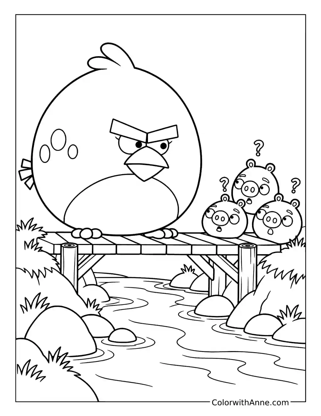 Terence stands on a wooden bridge over a stream while three confused pigs wait behind him.
