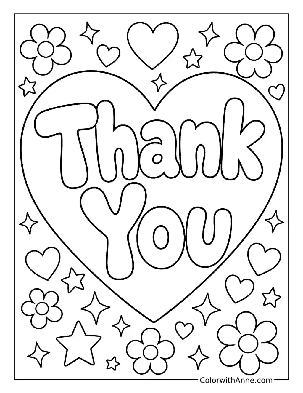 Thank You Heart and Flowers coloring page