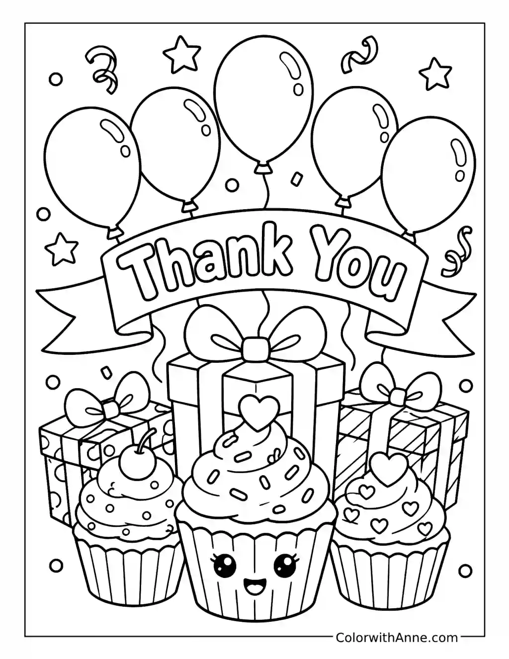 Thank You Party with Gifts and Cupcakes coloring page