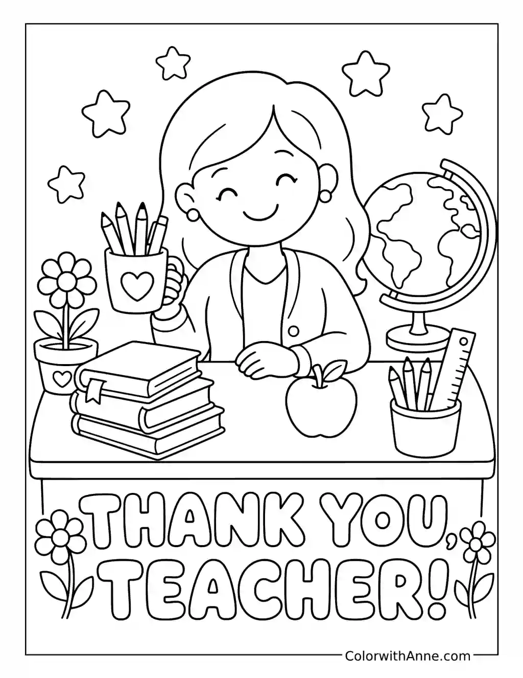 Thank You Teacher at Her Desk coloring page