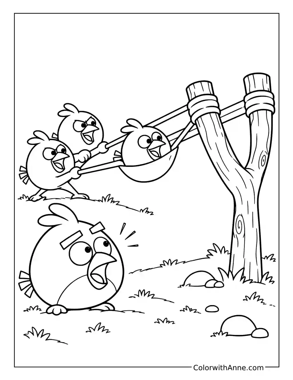 Three Blues pull back a slingshot together while a surprised Red watches beside them.