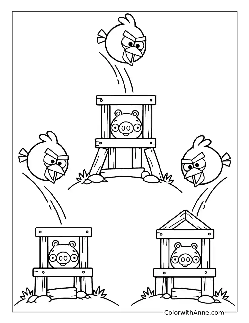 The Blues follow three separate flight paths toward wooden towers containing three pigs.
