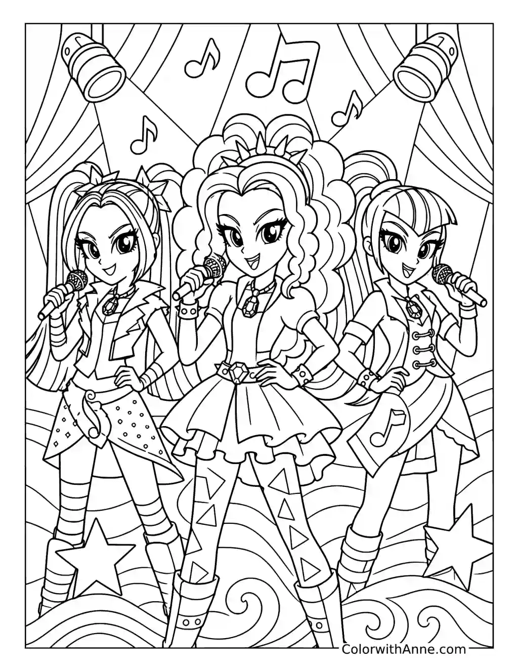 The Dazzlings Close-Up Stage Performance coloring page