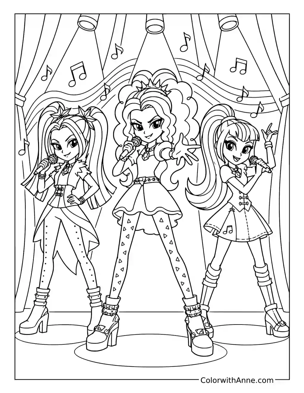 The Dazzlings Full-Body Stage Performance coloring page