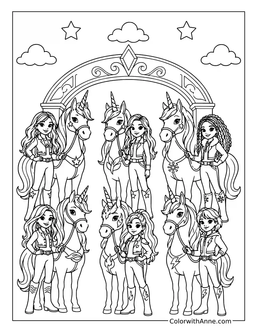 The Six Riders of Unicorn Academy coloring page