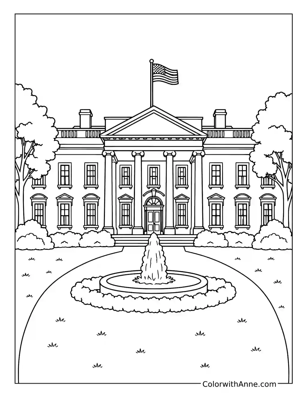 The White House with a Fountain coloring page
