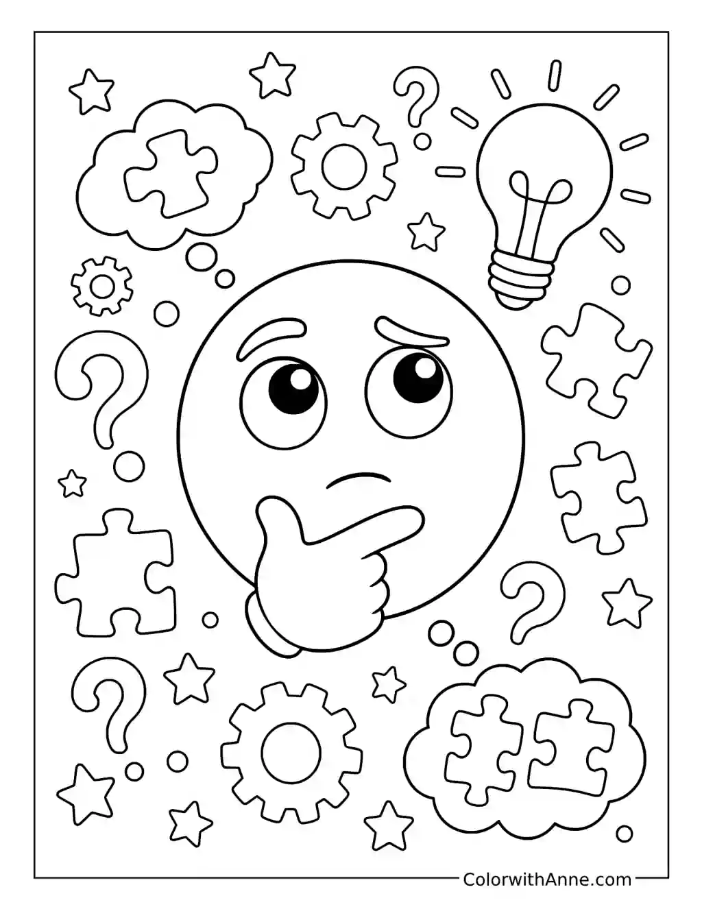 Thinking Emoji with Puzzles and a Light Bulb coloring page