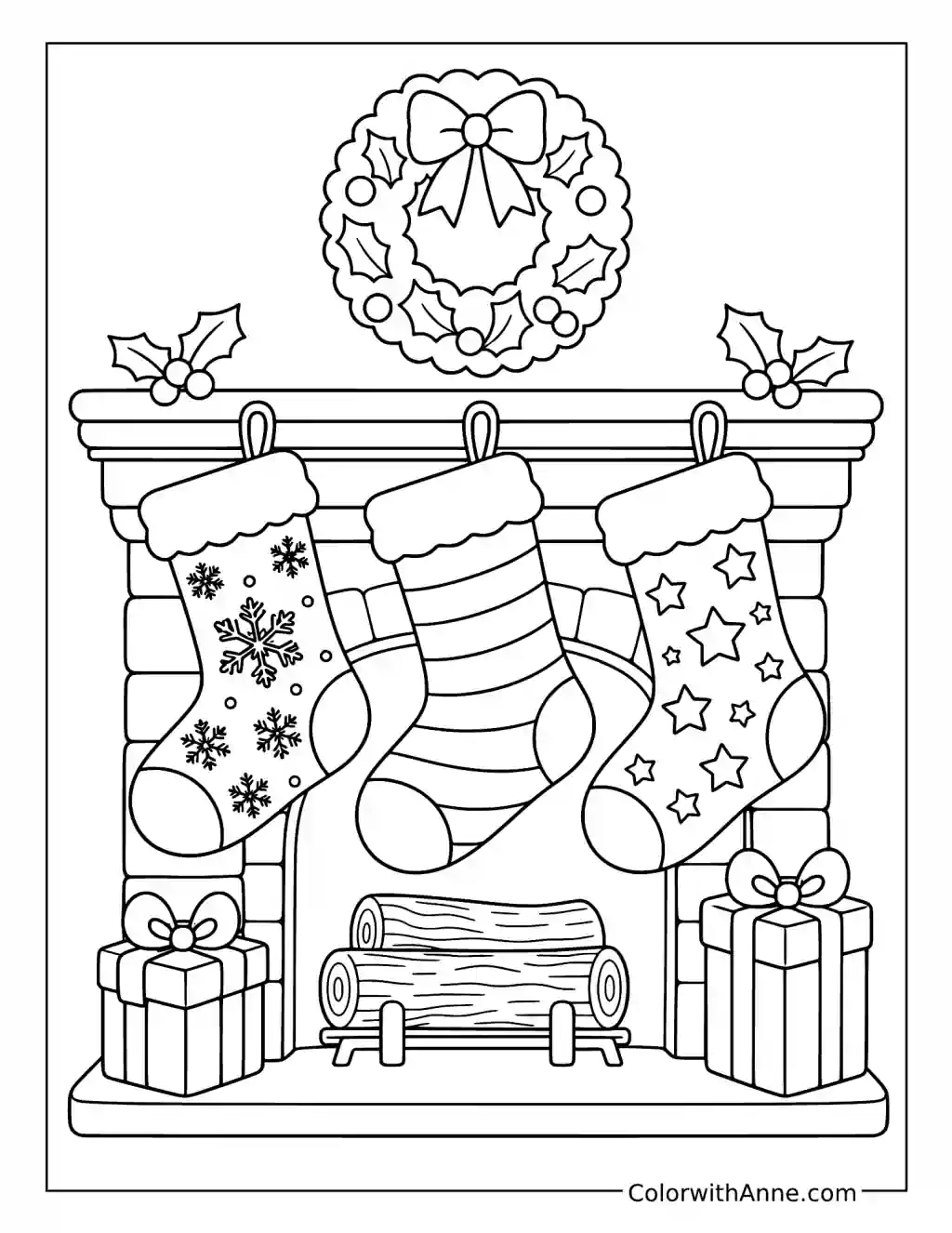 Three Christmas Stockings by the Fireplace coloring page
