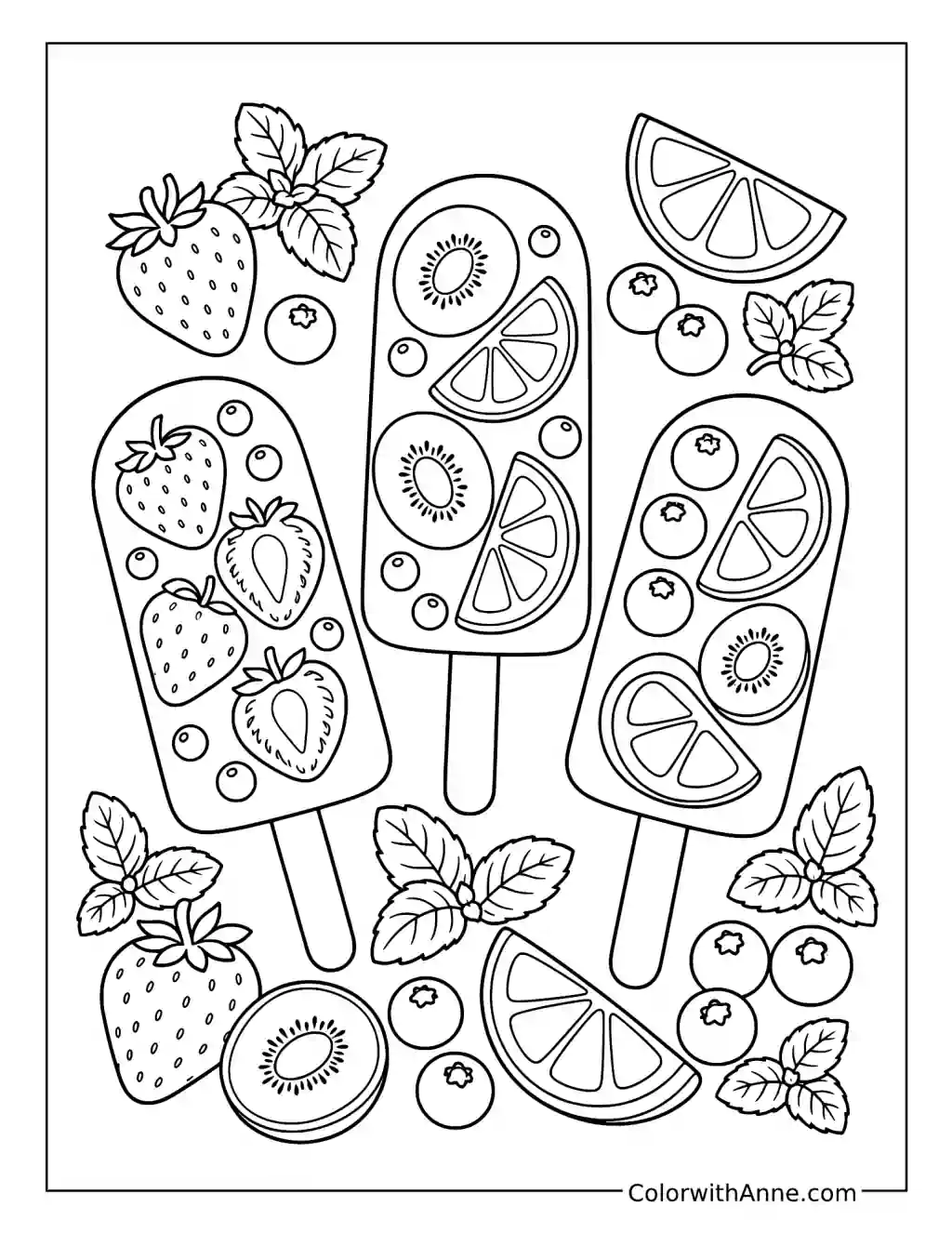 Three Fruit Popsicles with Summer Fruit coloring page