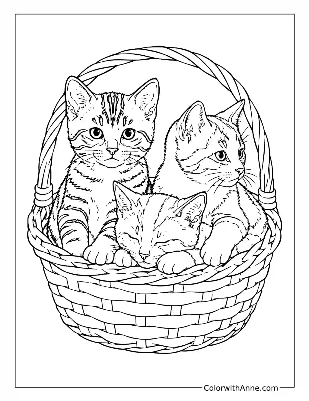 Three Kittens Cuddling in a Basket coloring page