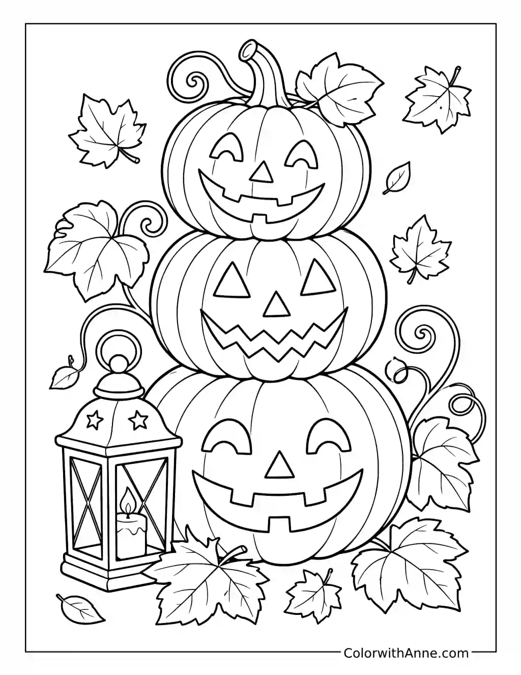 Three Stacked Jack-o-Lanterns with a Candle Lantern coloring page
