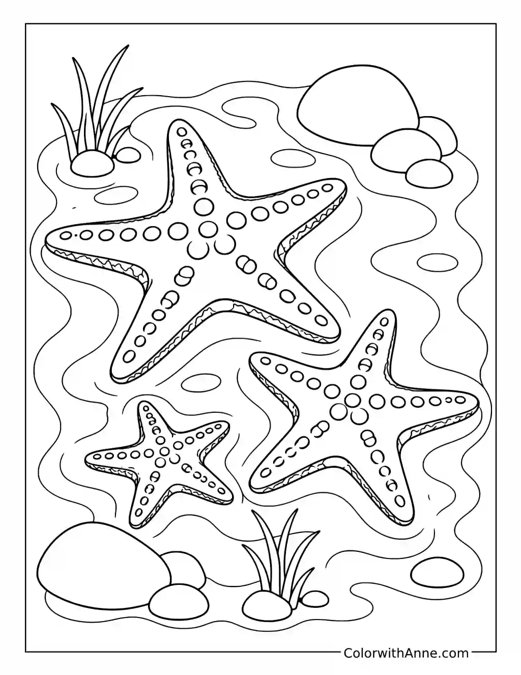 Three Starfish in a Winding Tide Pool coloring page