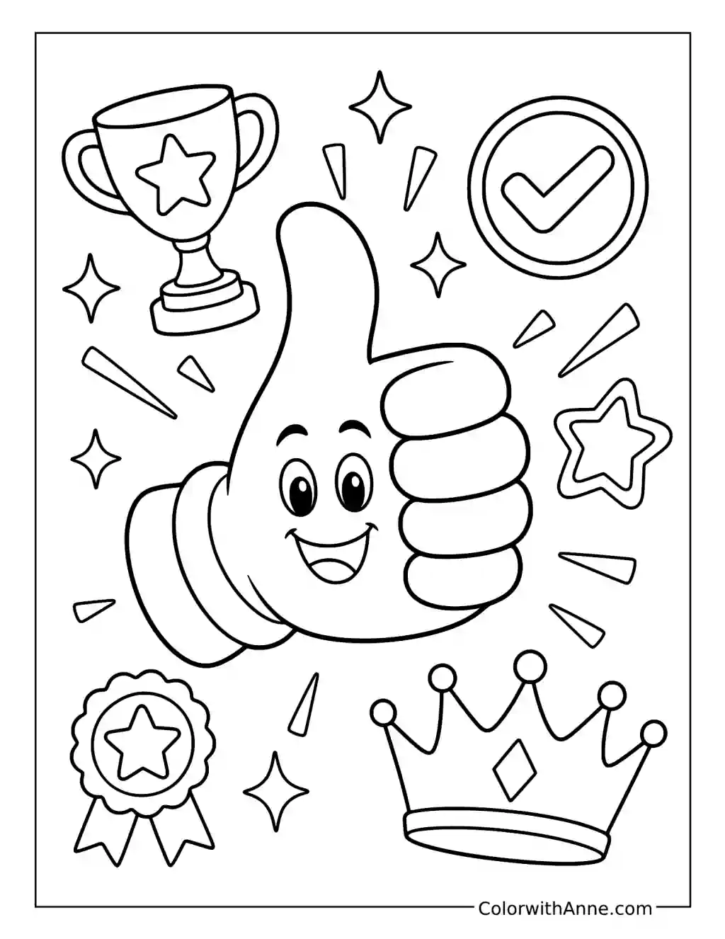 Thumbs-Up Emoji with a Trophy and Crown coloring page