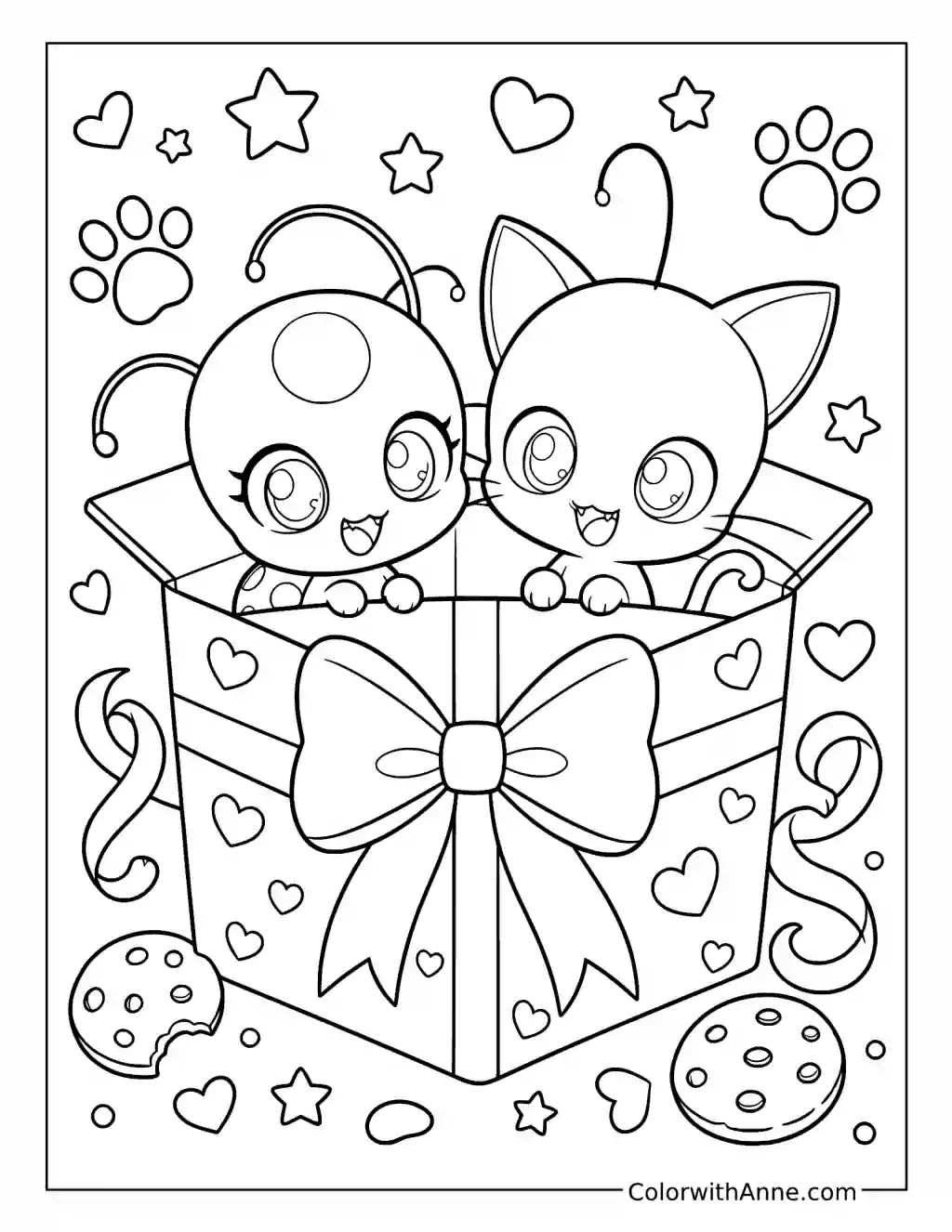 Tikki and Plagg in a Gift Box coloring page