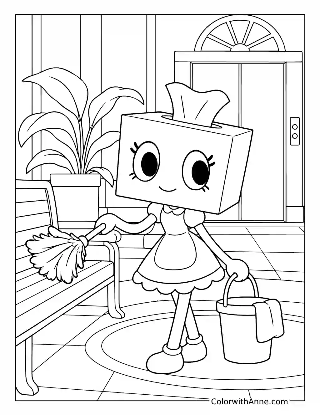 Tisha dusts a ledge while holding a bucket beside an elevator in the Gardenview lobby.