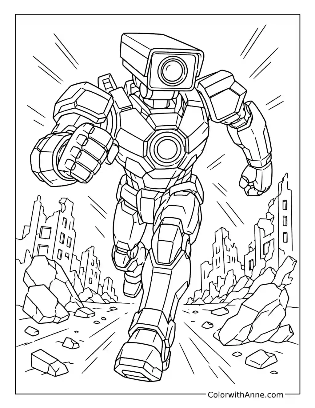 Titan Cameraman Charges Through Ruins coloring page