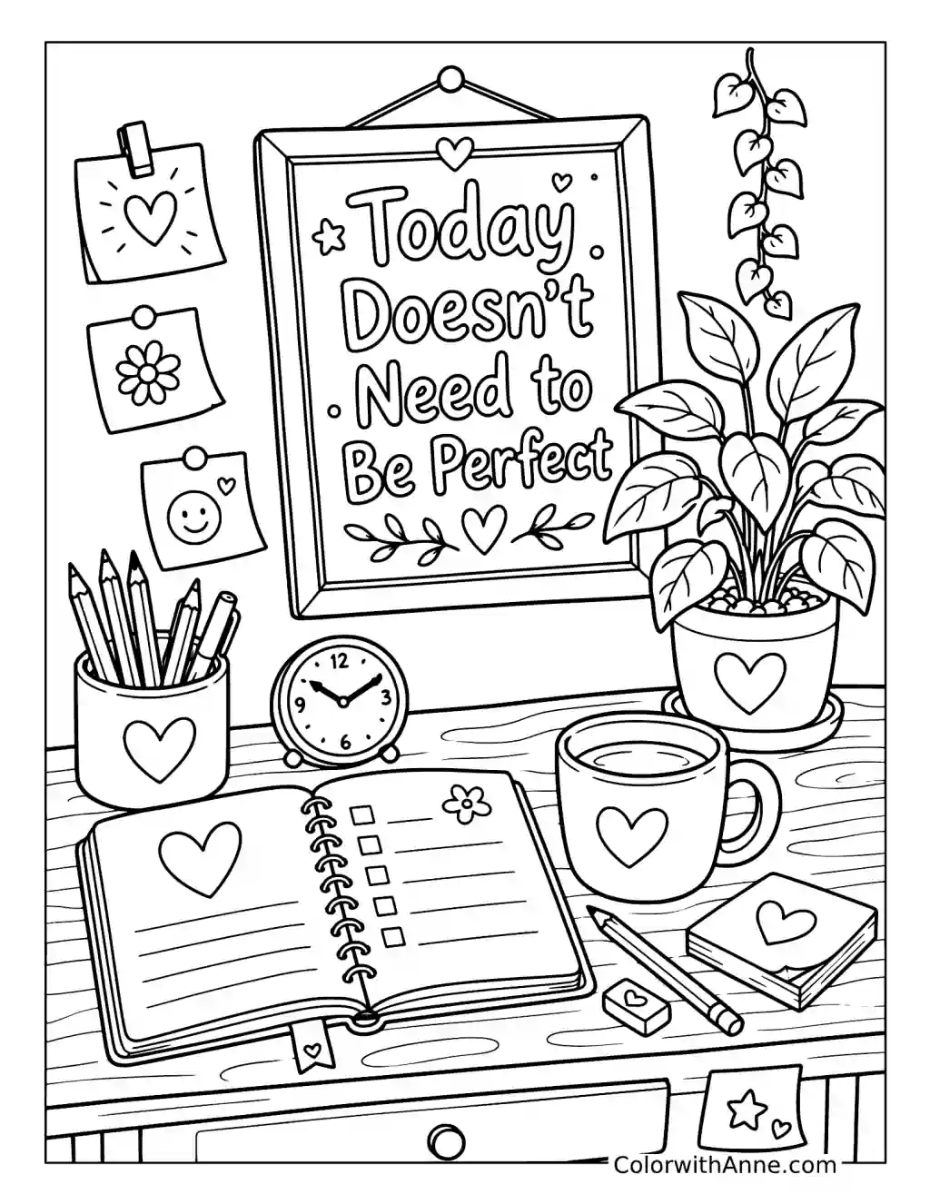Today Doesn't Need to Be Perfect with a Journaling Desk coloring page