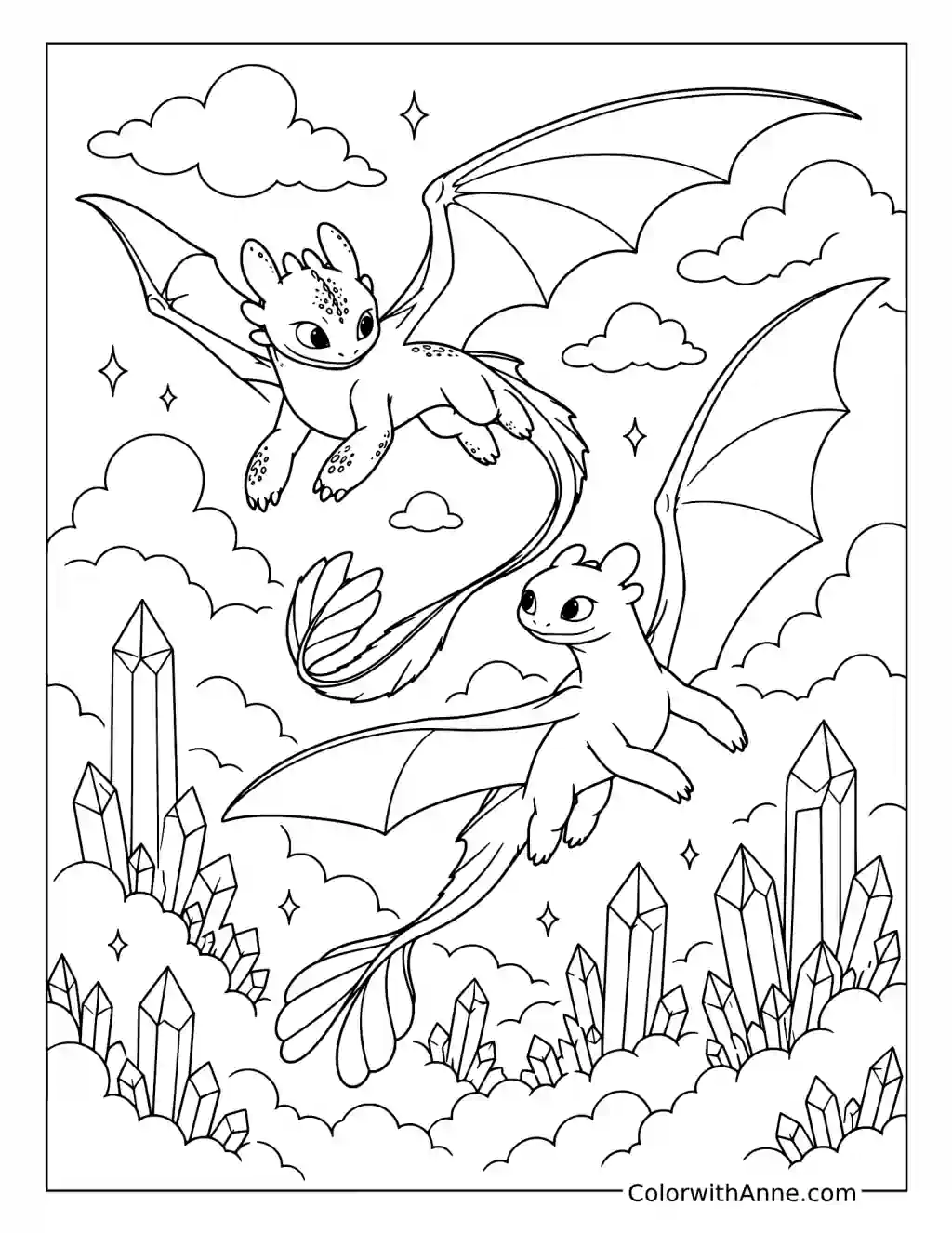 Toothless and Light Fury Above Crystal Clouds coloring page
