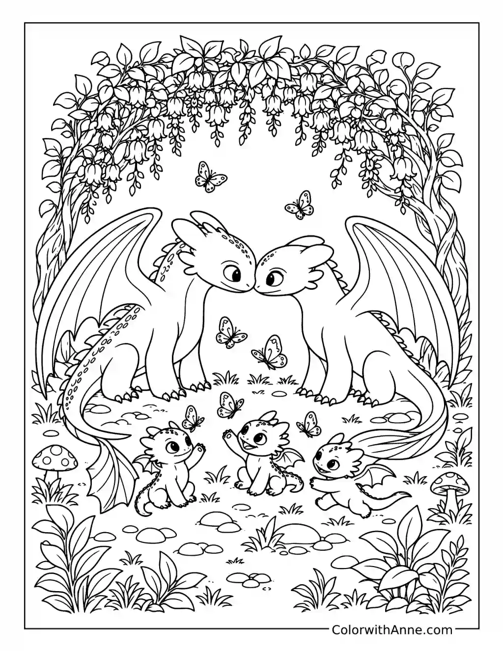 Toothless and Light Fury Beneath Flowers coloring page
