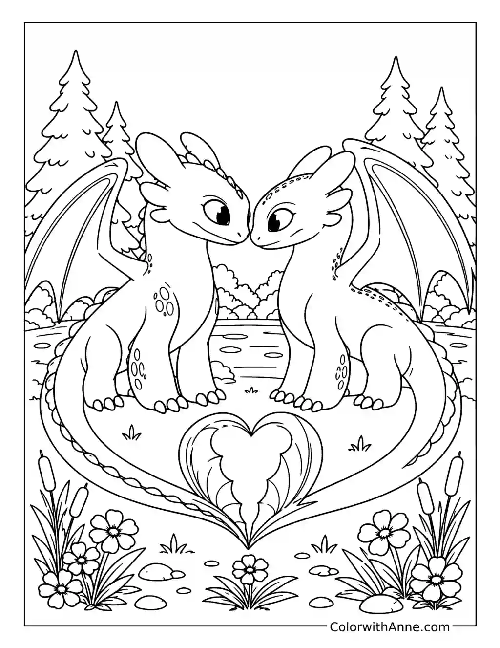 Toothless and Light Fury’s Lakeside Friendship coloring page