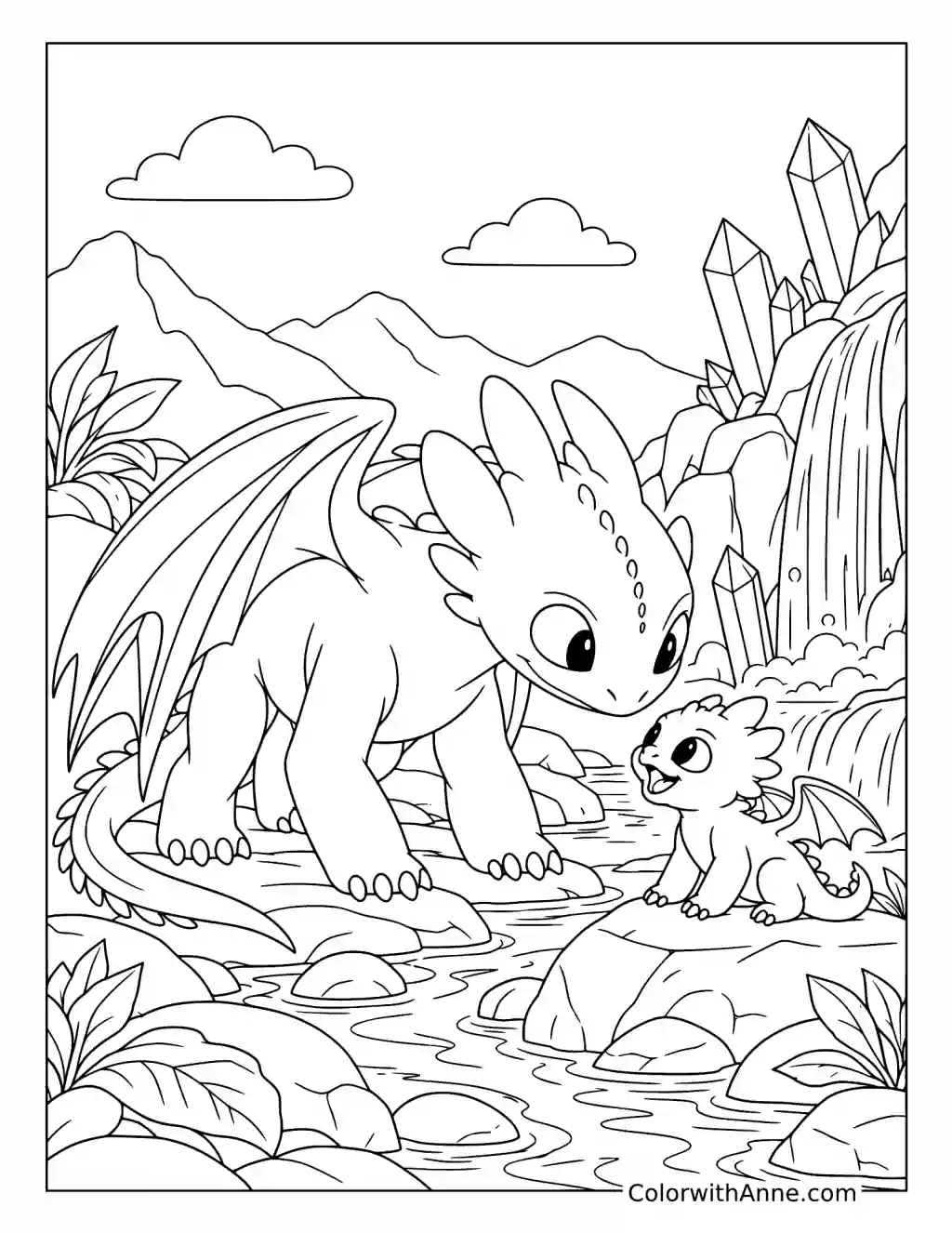 Toothless Discovers a Baby Dragon coloring page