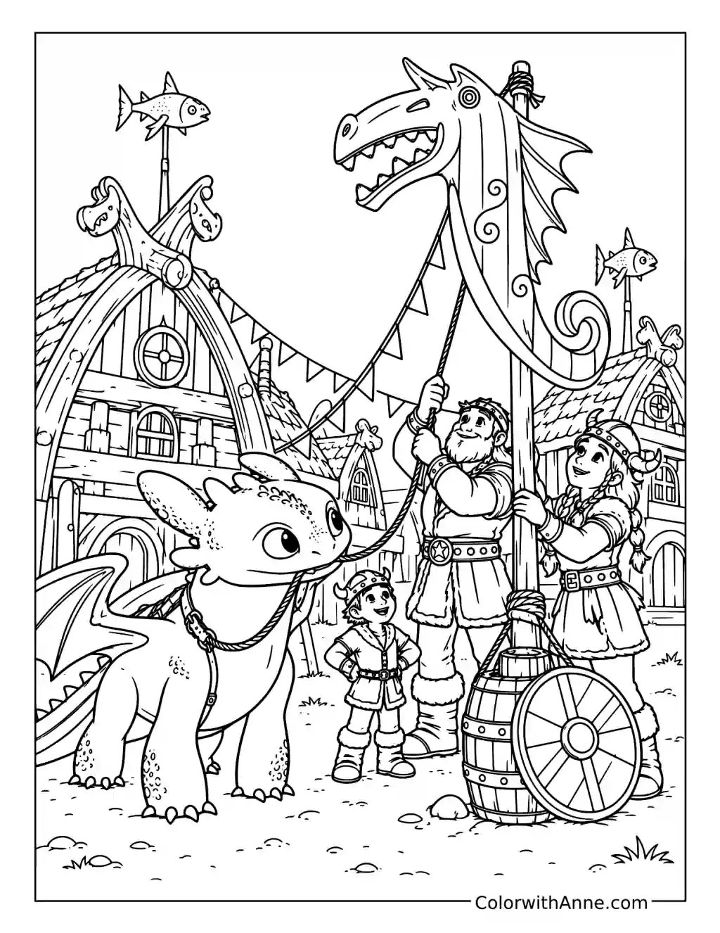 Toothless Helps Raise Berk’s Festival Banner coloring page