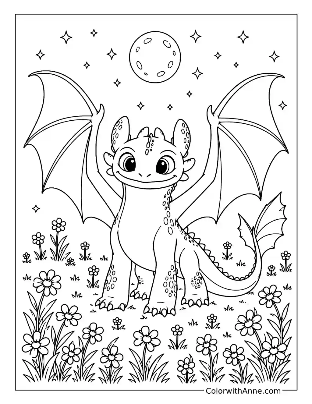 Toothless in a Moonlit Flower Meadow coloring page