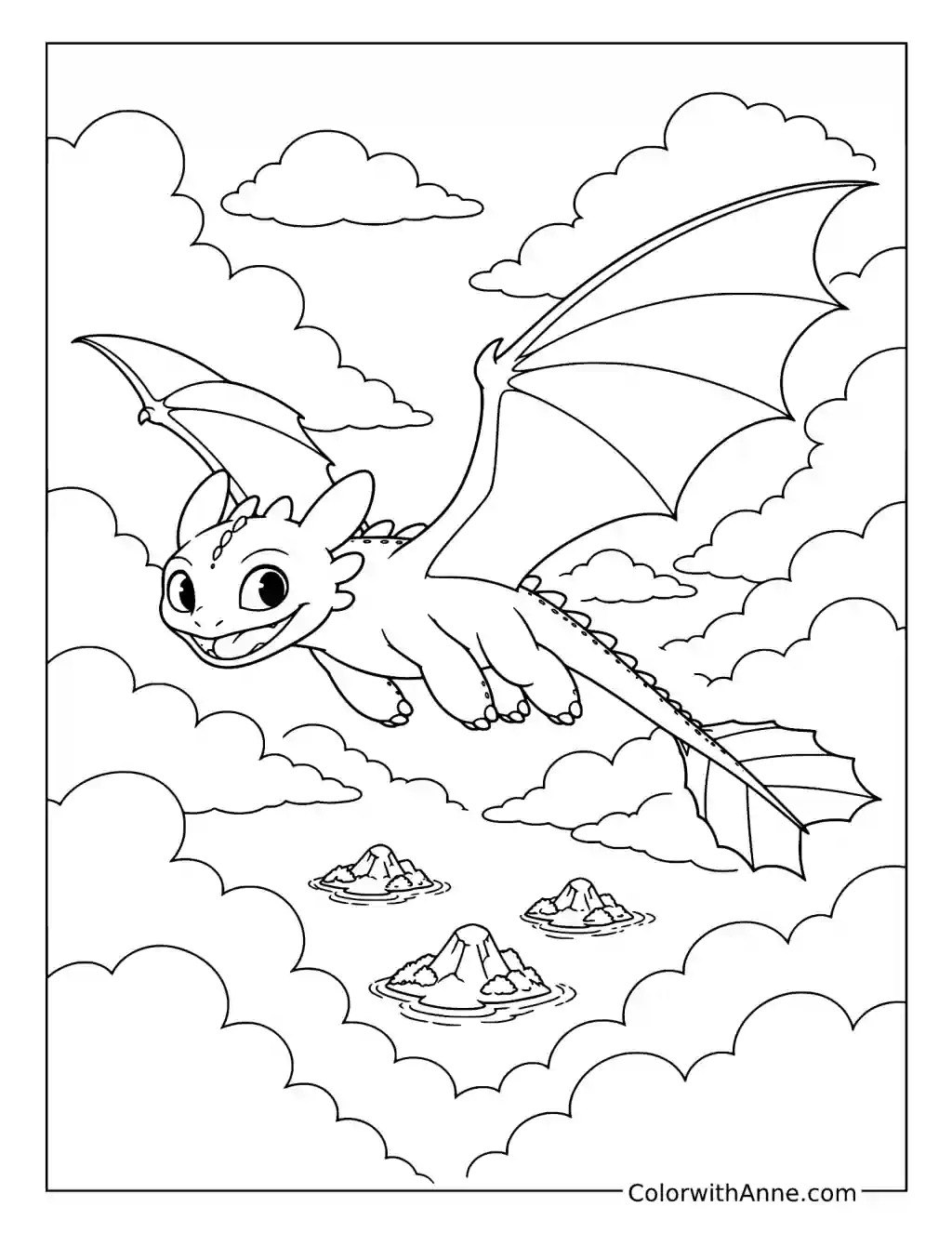 Toothless Soaring Through the Clouds coloring page