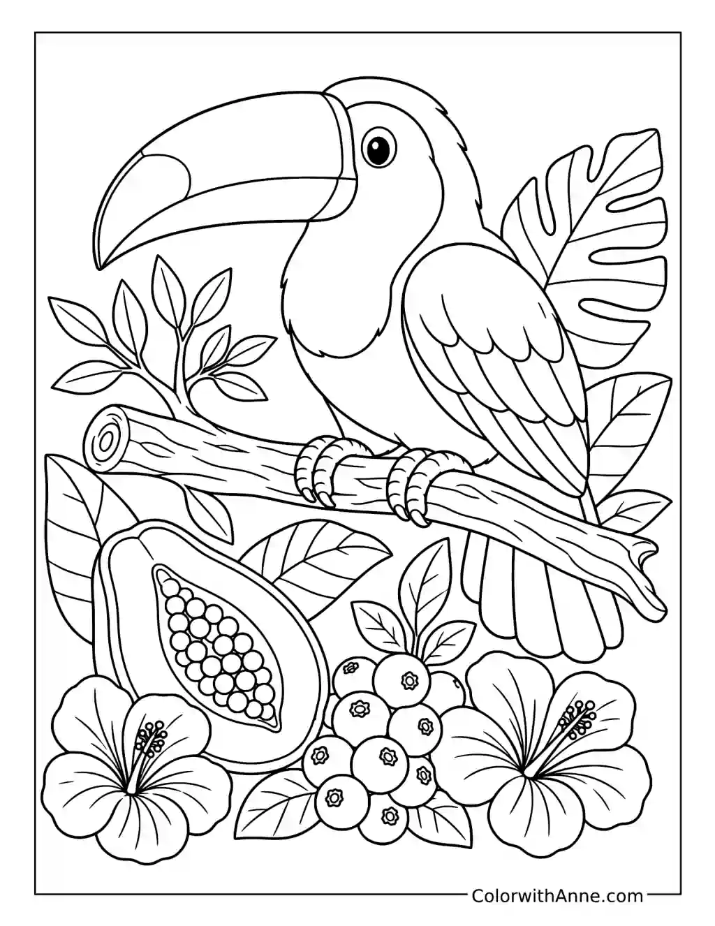 Toucan Perched above Tropical Fruit and Flowers coloring page