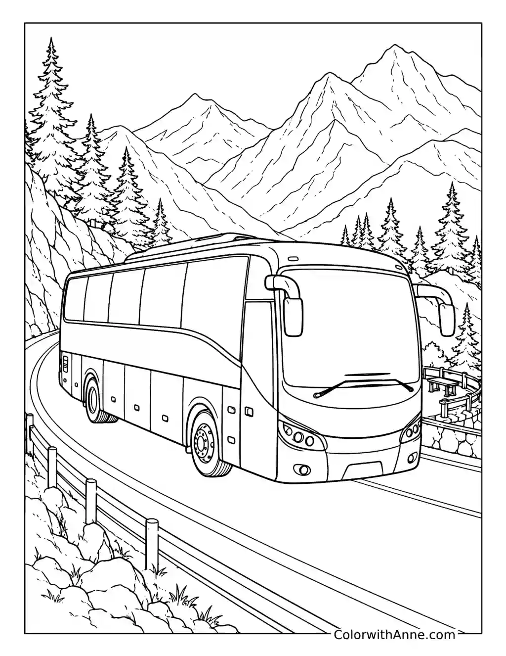 Tour Bus on Mountain Road coloring page
