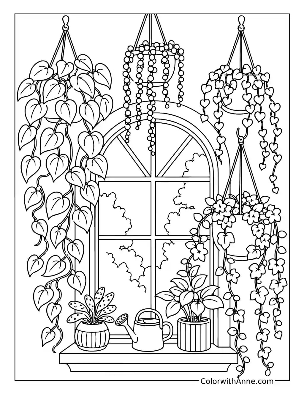 Trailing Houseplants around an Arched Window coloring page