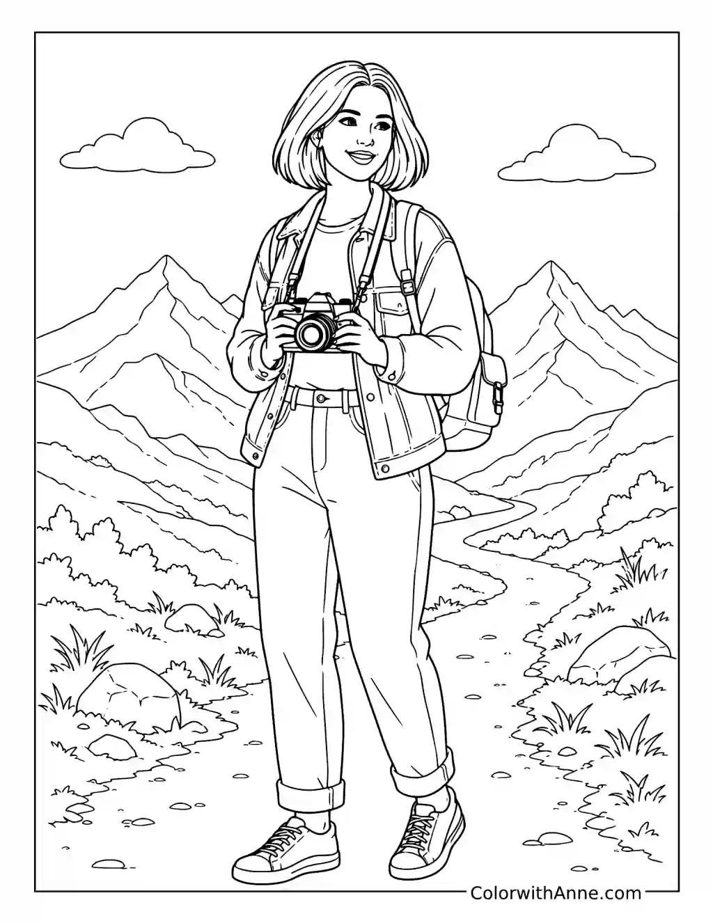 Traveler with Camera on Mountain Path coloring page