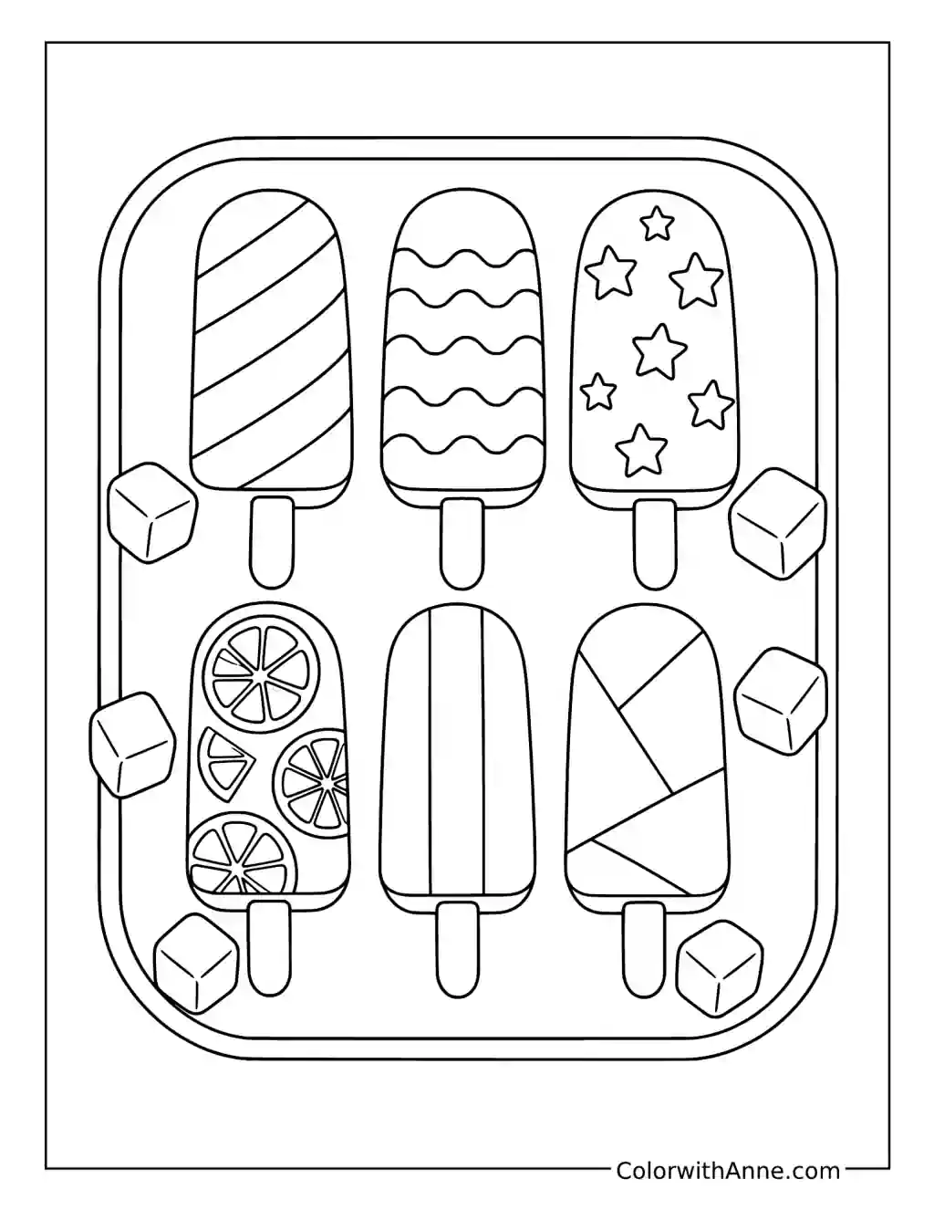 Tray of Six Patterned Popsicles coloring page