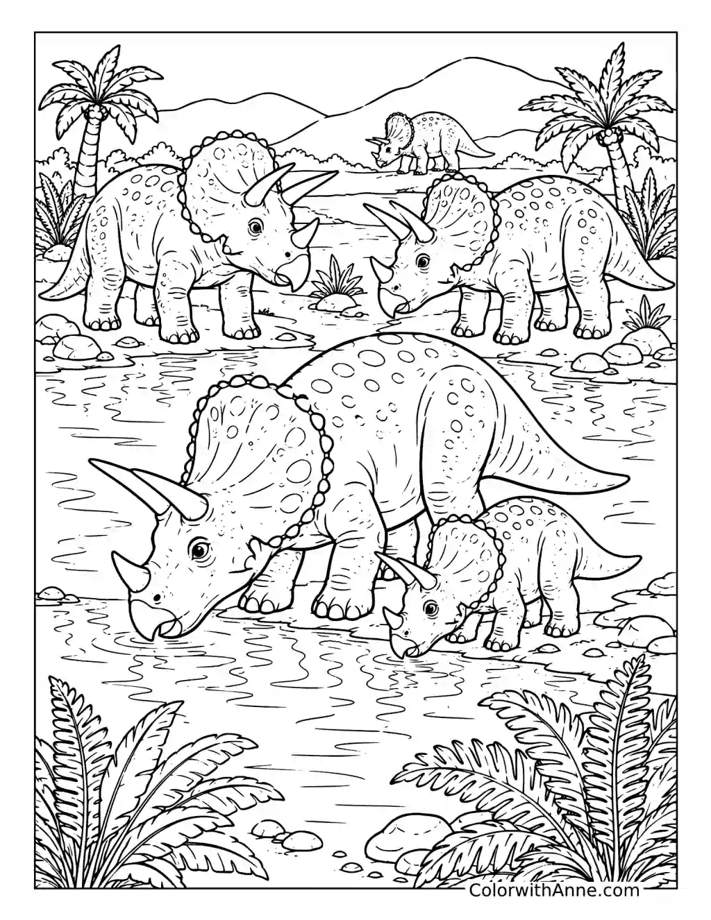 Triceratops Family by the Prehistoric Lake coloring page