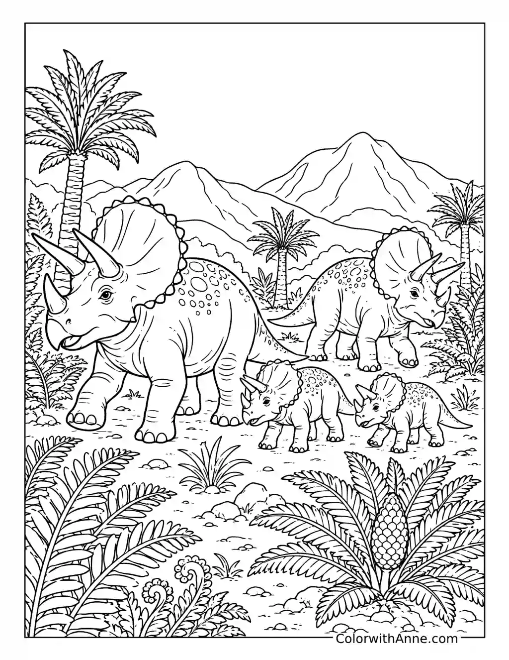 Triceratops Family in a Fern Grove coloring page