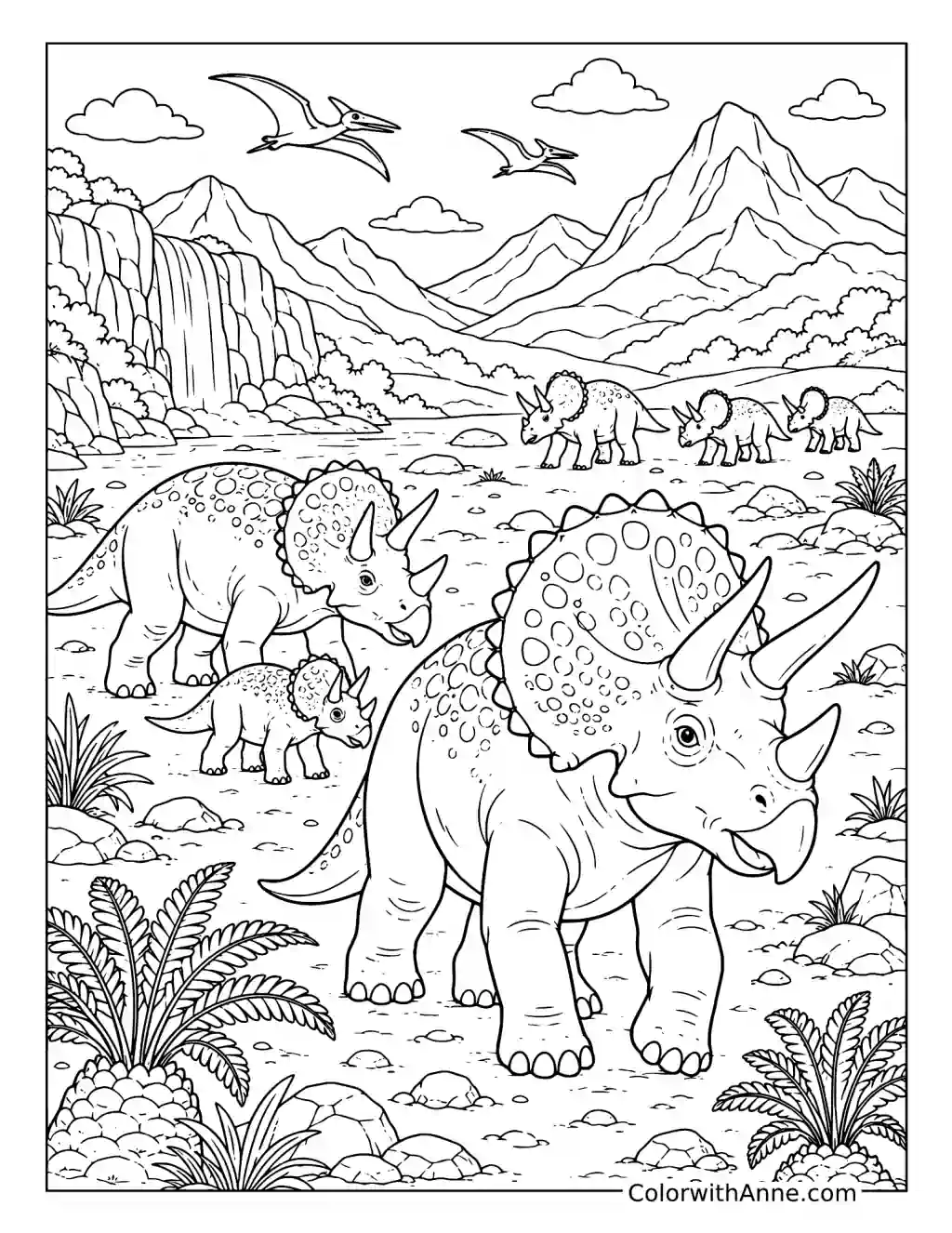 Triceratops Herd in a Prehistoric Valley coloring page