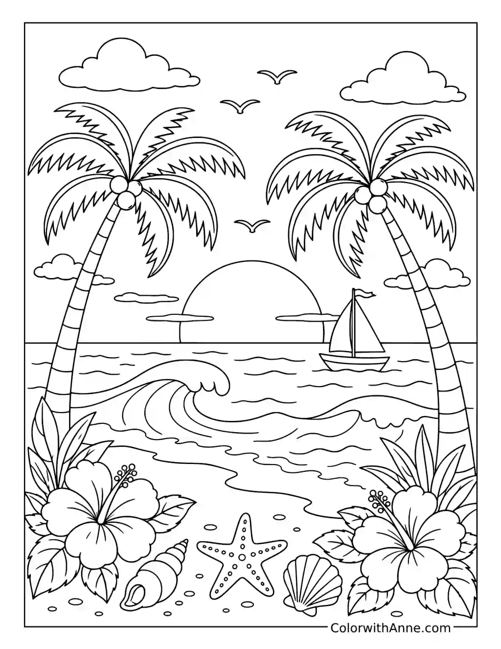 Tropical Beach Sunset coloring page