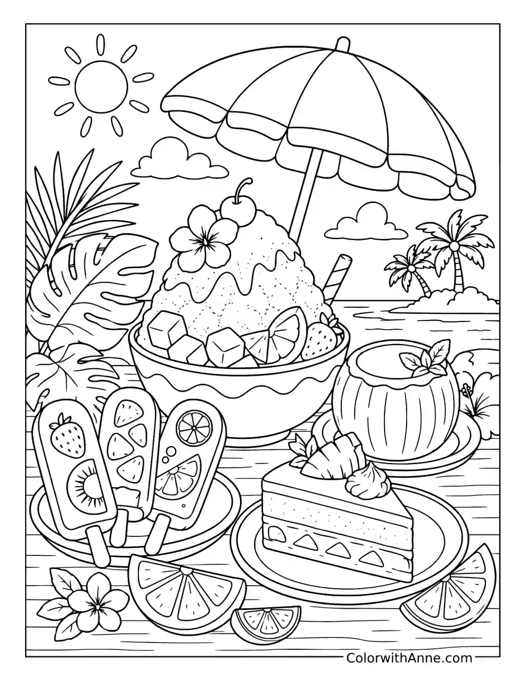 Tropical Dessert Spread Under a Beach Umbrella coloring page