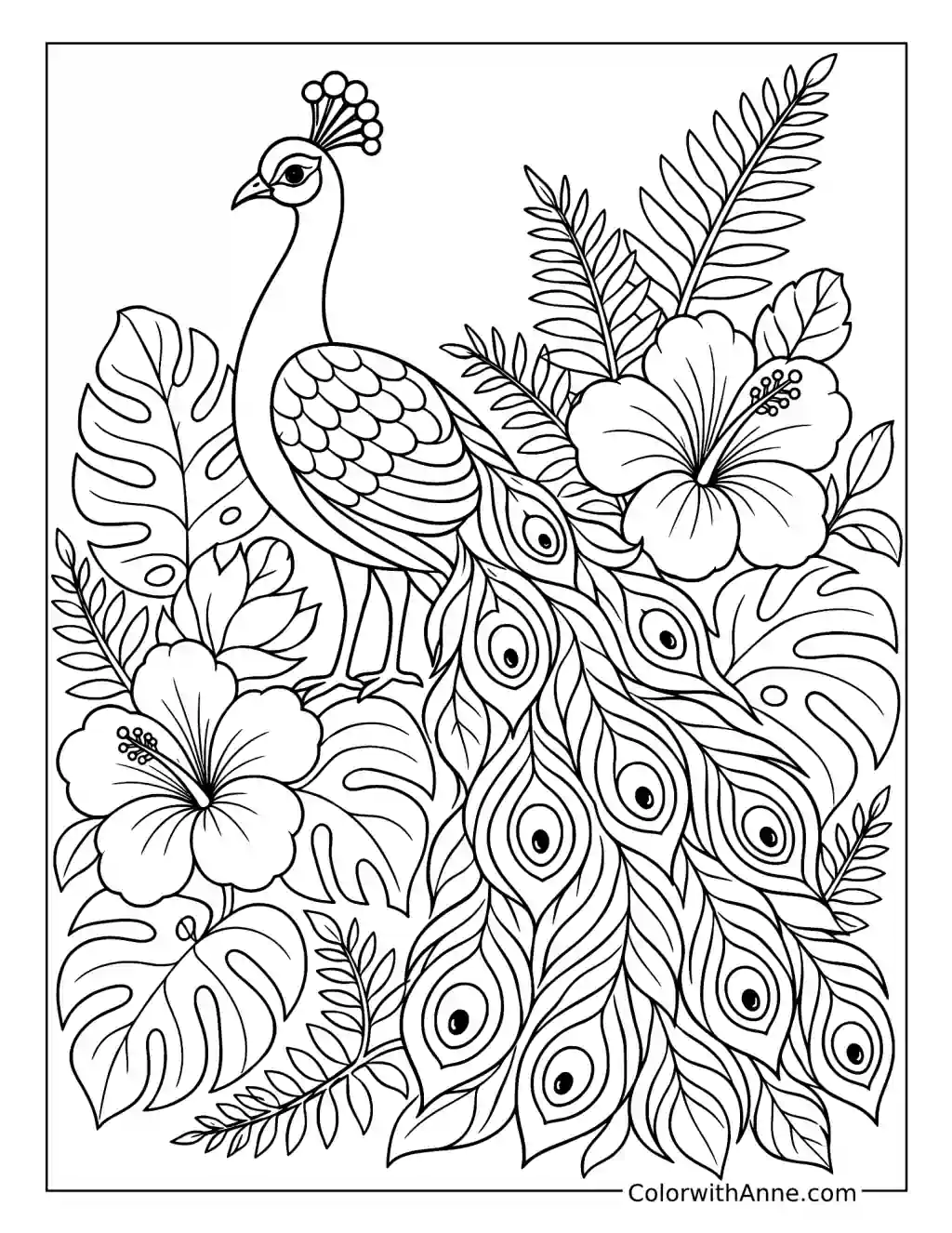Tropical Peacock with Hibiscus Flowers coloring page