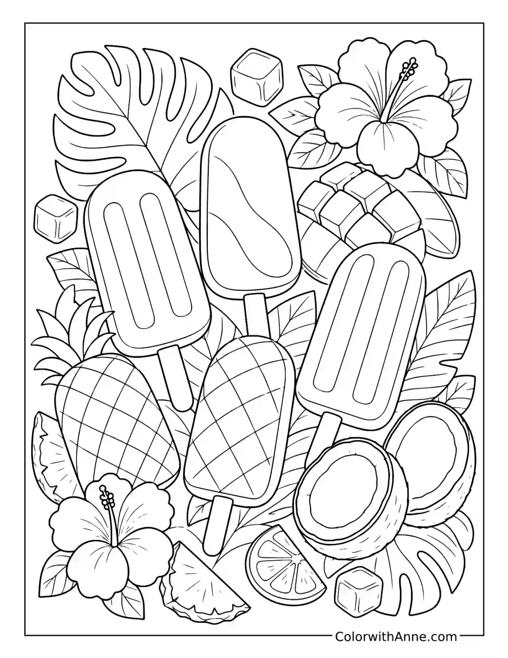 Tropical Popsicles on Lush Leaves coloring page