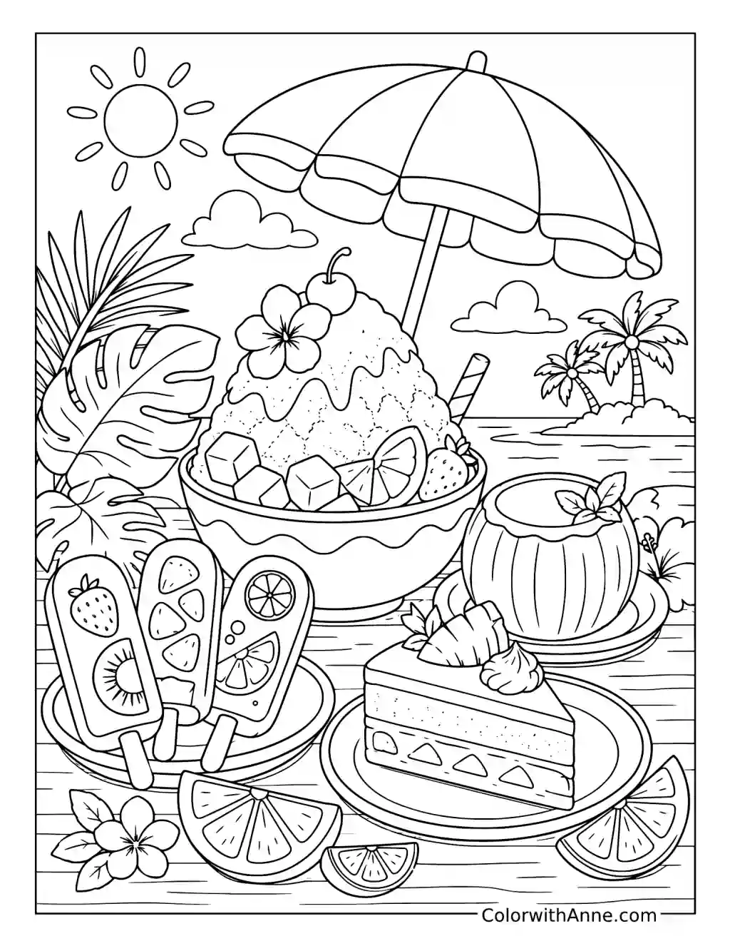 Tropical Shaved Ice Beach Scene coloring page