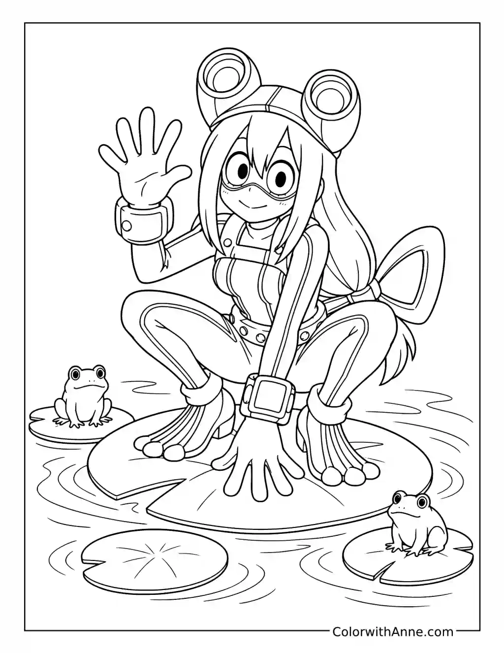 Tsuyu Frog Hero on Lily Pads coloring page