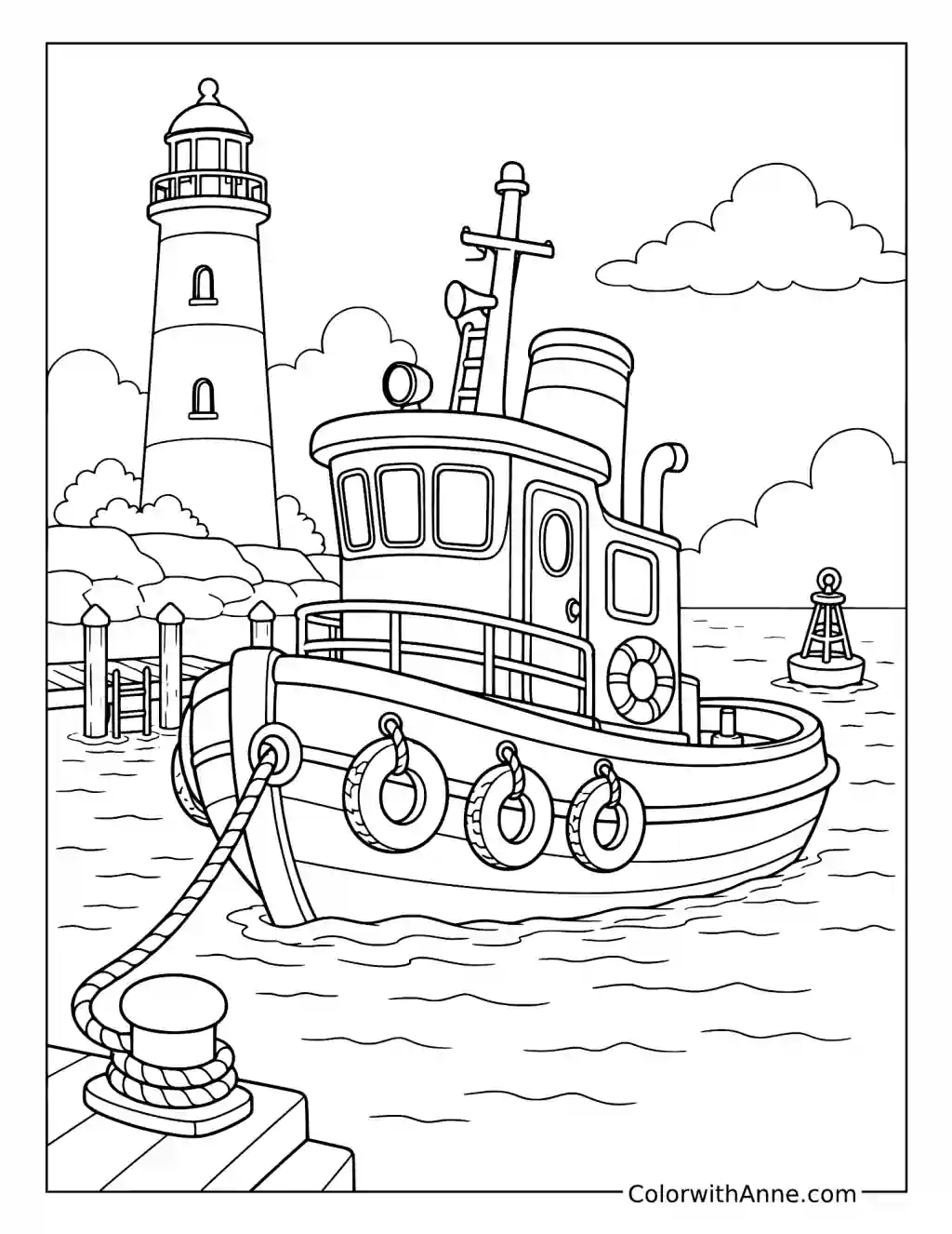 Tugboat by a Lighthouse coloring page